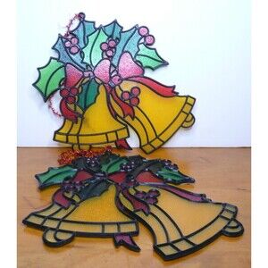 LOT  2 Plastic Christmas Stained Glass Look Suncatchers Bells VINTAGE Hong Kong